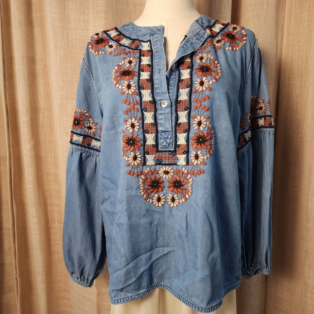 Foxy Women L Blue Tencel Embroidered Puff Sleeve Blouse Boho